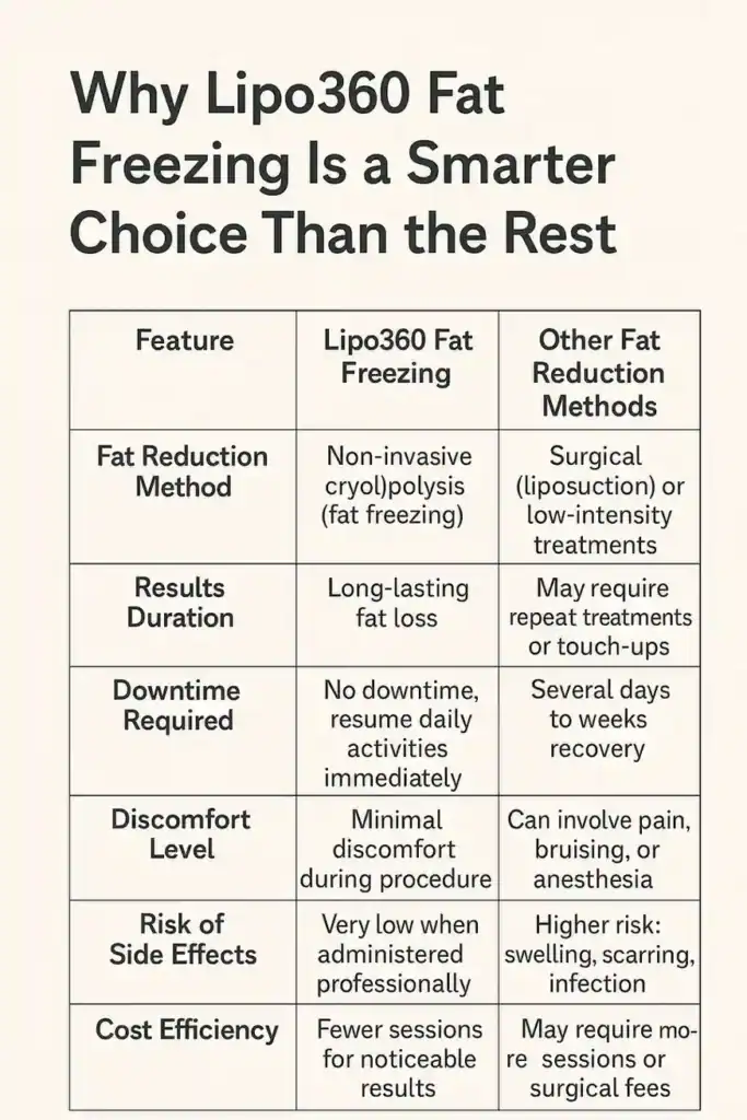Table showing benefits of fat freezing to remove fat cells Basingstoke  from Lipo 360