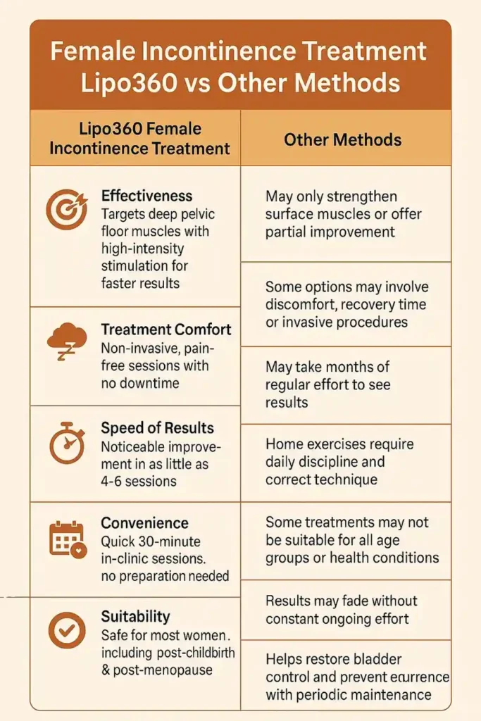 Table showing benefits of incontinence treatment Basingstoke 