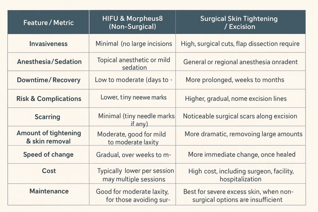 Table of skin tightening Basingstoke  benefits compared to surgical options